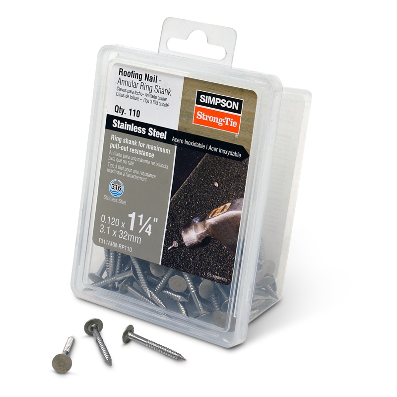 Simpson T311ARN-RP110 Roofing Nail, Annular Ring Shank  1-1/4 in. x .120 in. Type 316 Stainless Steel (110-Qty)
