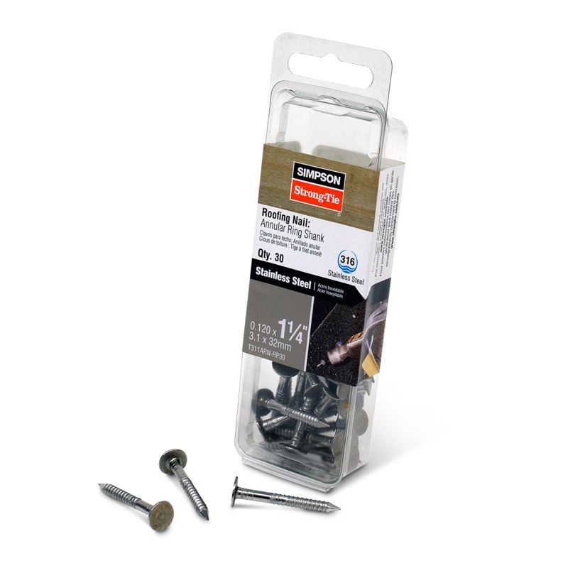 Simpson T311ARN-RP30 Roofing Nail, Annular Ring Shank  1-1/4 in. x .120 in. Type 316 Stainless Steel (30-Qty)