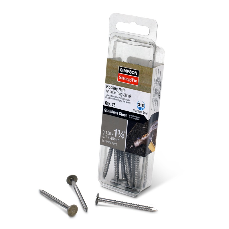 Simpson T511ARN-RP25 Roofing Nail, Annular Ring Shank  1-3/4 in. x .120 in. Type 316 Stainless Steel (25-Qty)