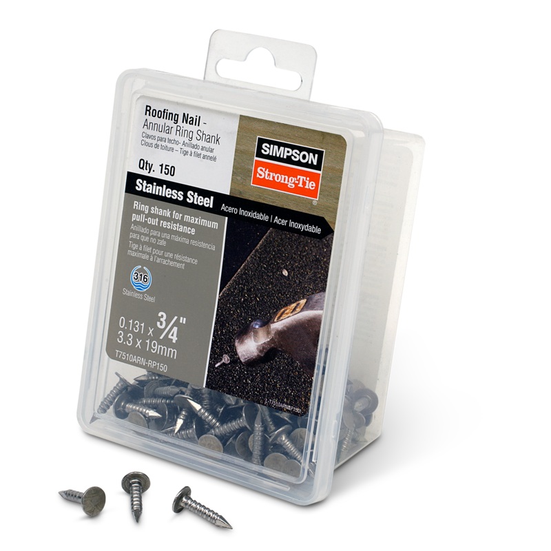 Simpson T7510ARN-RP150 Roofing Nail, Annular Ring Shank  3/4 in. x .131 in. Type 316 Stainless Steel (150-Qty)