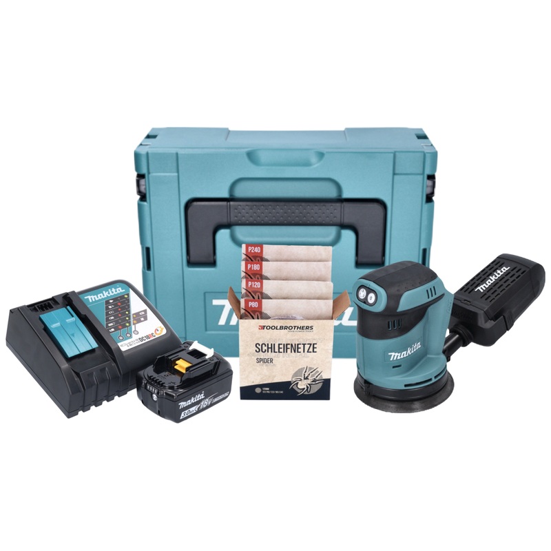 Lijadora excntrica a batera Makita DBO 180 RF1J 18 V 125 mm + 1x batera 3,0 Ah + cargador + juego de lijado Toolbrothers SPIDER abrasivo de red + Makpac