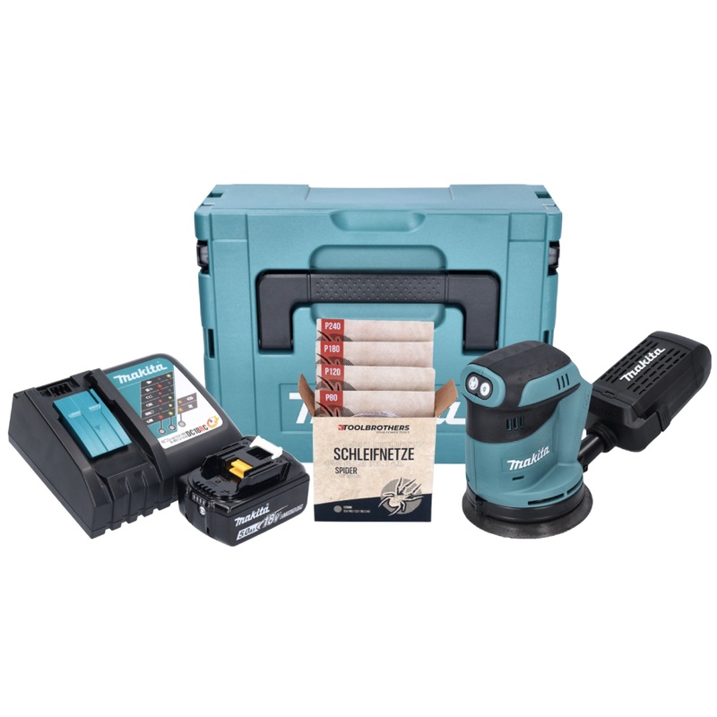 Lijadora excntrica a batera Makita DBO 180 RT1J 18 V 125 mm + 1x batera 5,0 Ah + cargador + juego de lijado Toolbrothers SPIDER abrasivo de red + Makpac