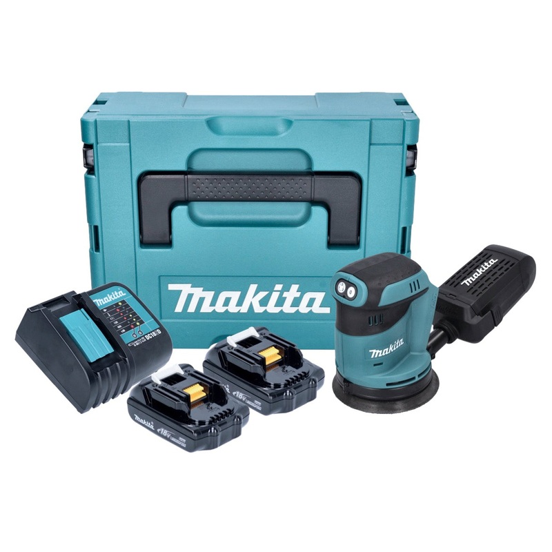 Lijadora excntrica a batera Makita DBO 180 SYJ 18 V 125 mm + 2x bateras 1,5 Ah + cargador + Makpac