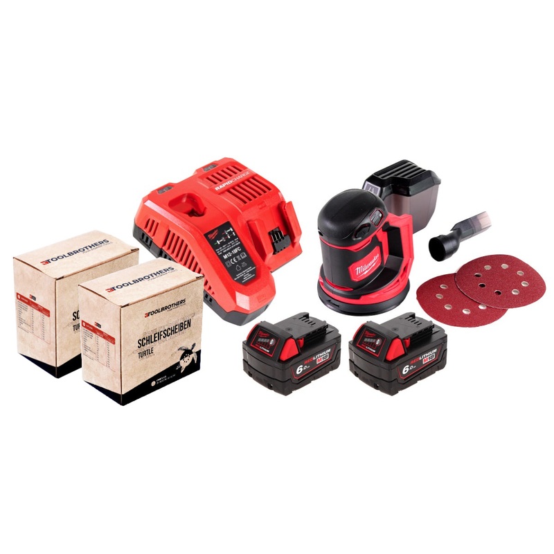 2x Set de lijado Toolbrothers TURTLE 125mm + Lijadora excntrica a batera Milwaukee M18 BOS125-602 FC 18 V 125 mm + 2x batera 6,0 Ah + cargador