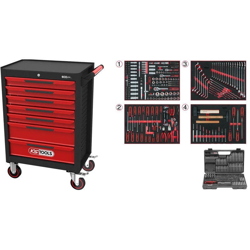 Carro de taller KS TOOLS ECOline NEGRO/ROJO con 7 cajones y 515 herramientas premium (897.7515)