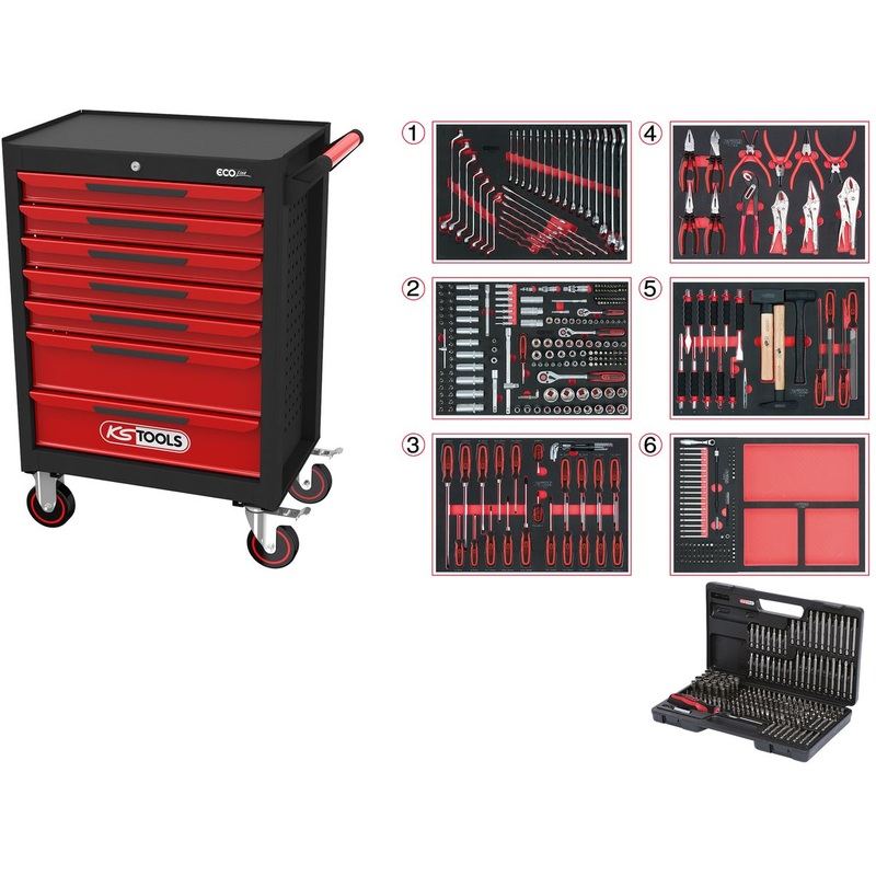 Carro de taller KS TOOLS ECOline NEGRO/ROJO con 7 cajones y 598 herramientas premium (897.7598)