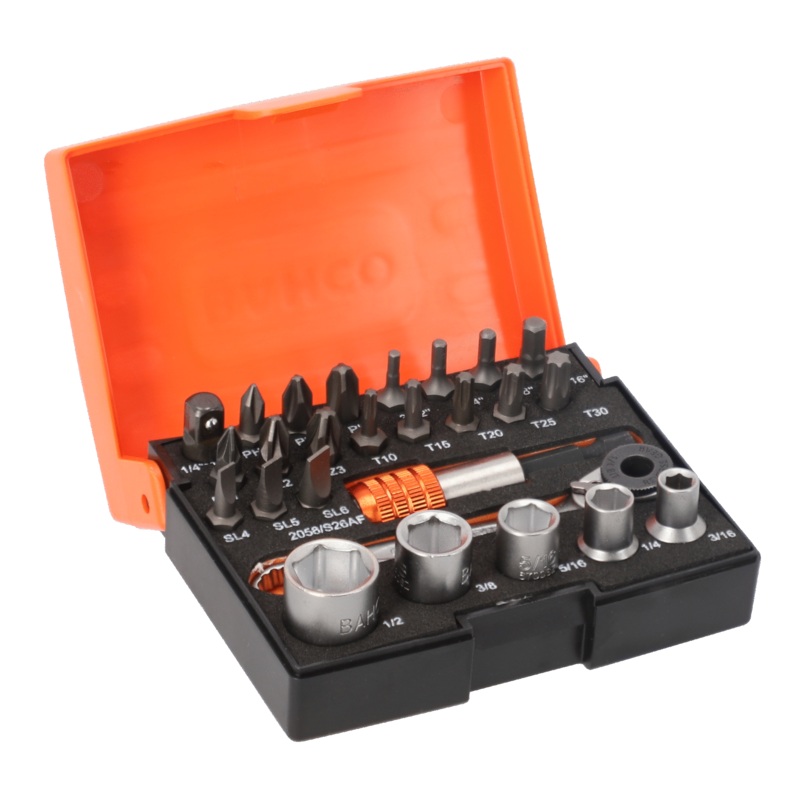 Bahco 2058/S26 1/4" Standard Bit & Socket Set for Slotted/Phillips/Pozidriv/TORX/Hex Head Screw - 26 Pcs