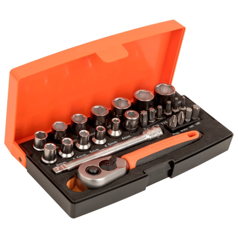 Bahco SBSL25 1/4" Square Drive Socket Set with Metric Hex Profile and Screwdriver Bits/Bit Holder, 25 Pcs/Case Retail Pack